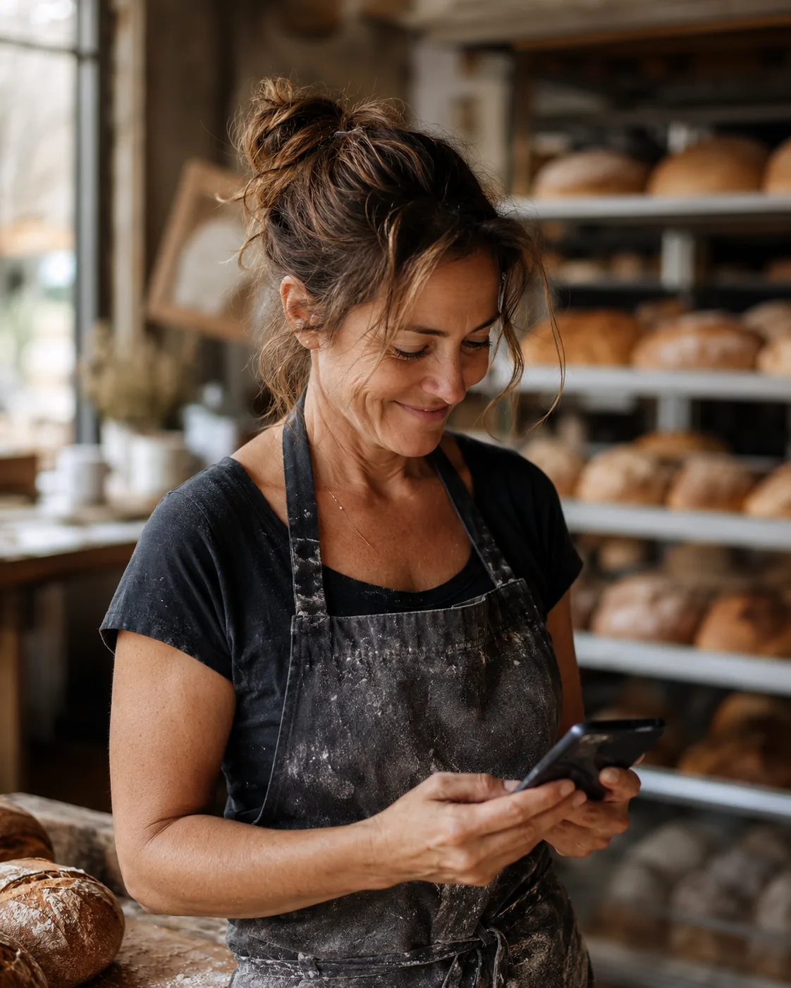 A shop owner glancing at their phone and smiling